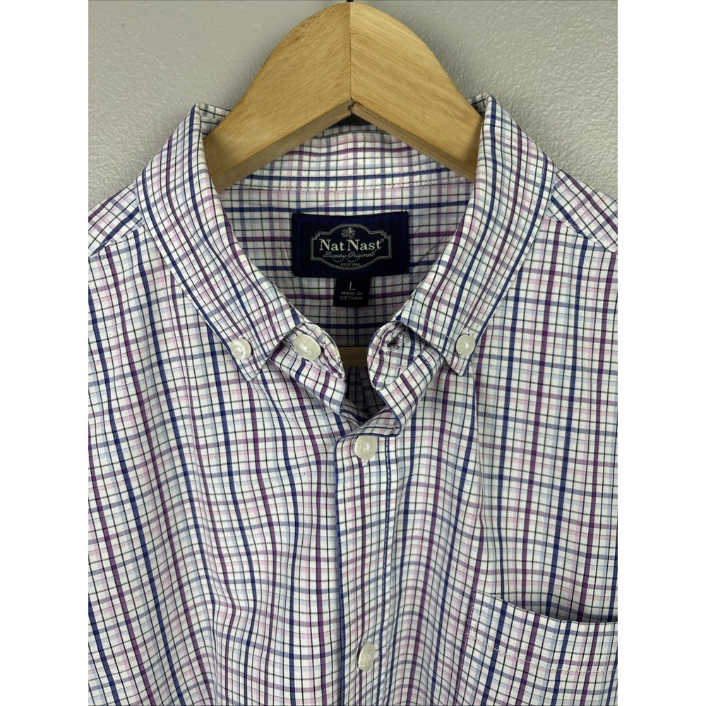 Nat Nast Button Shirt Blue White Plaid Long Sleeve 100% Cotton Mens Size Large L